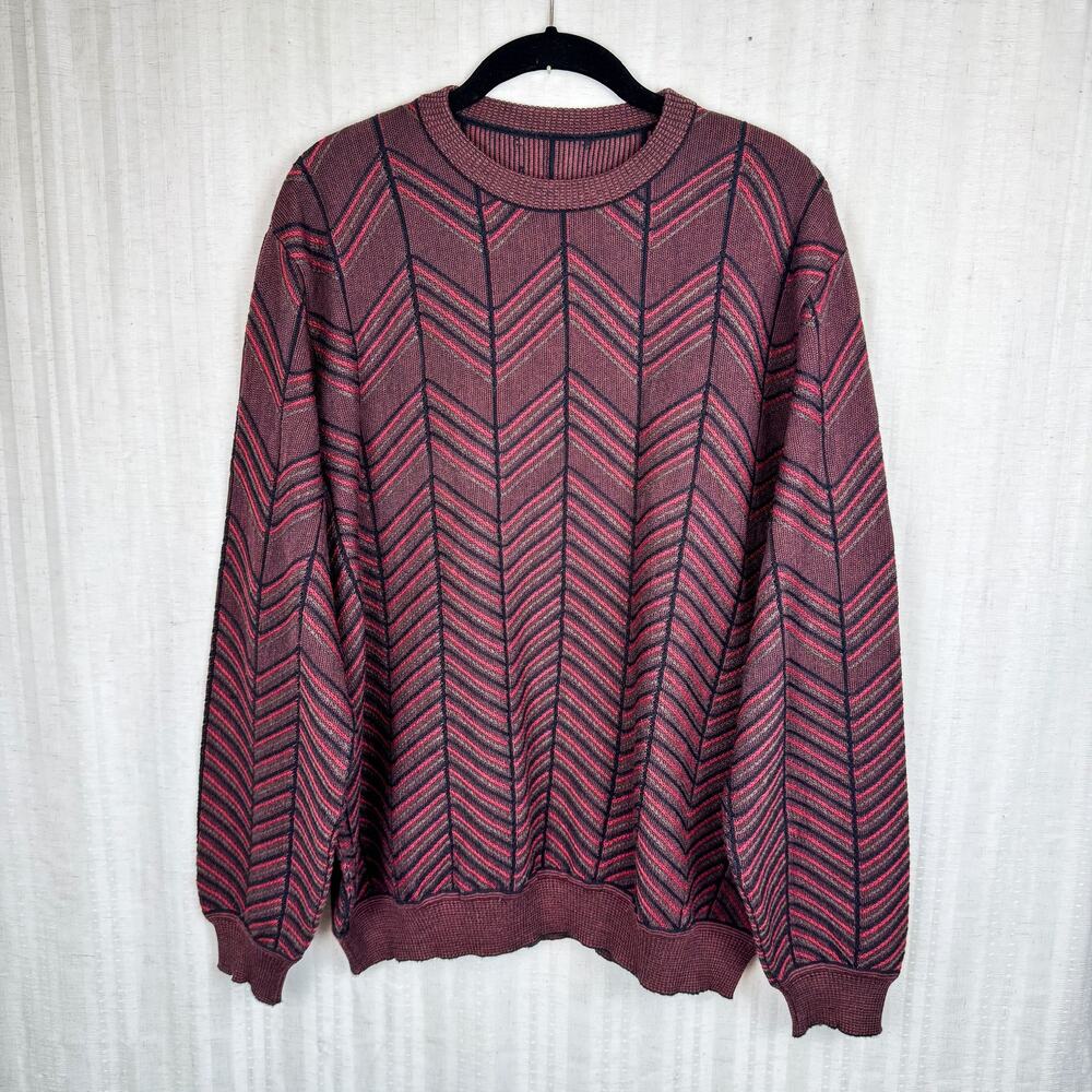 St. Croix Vintage 90s USA Made Red Chevron Print Wool Blend Crew Sweater Mens L